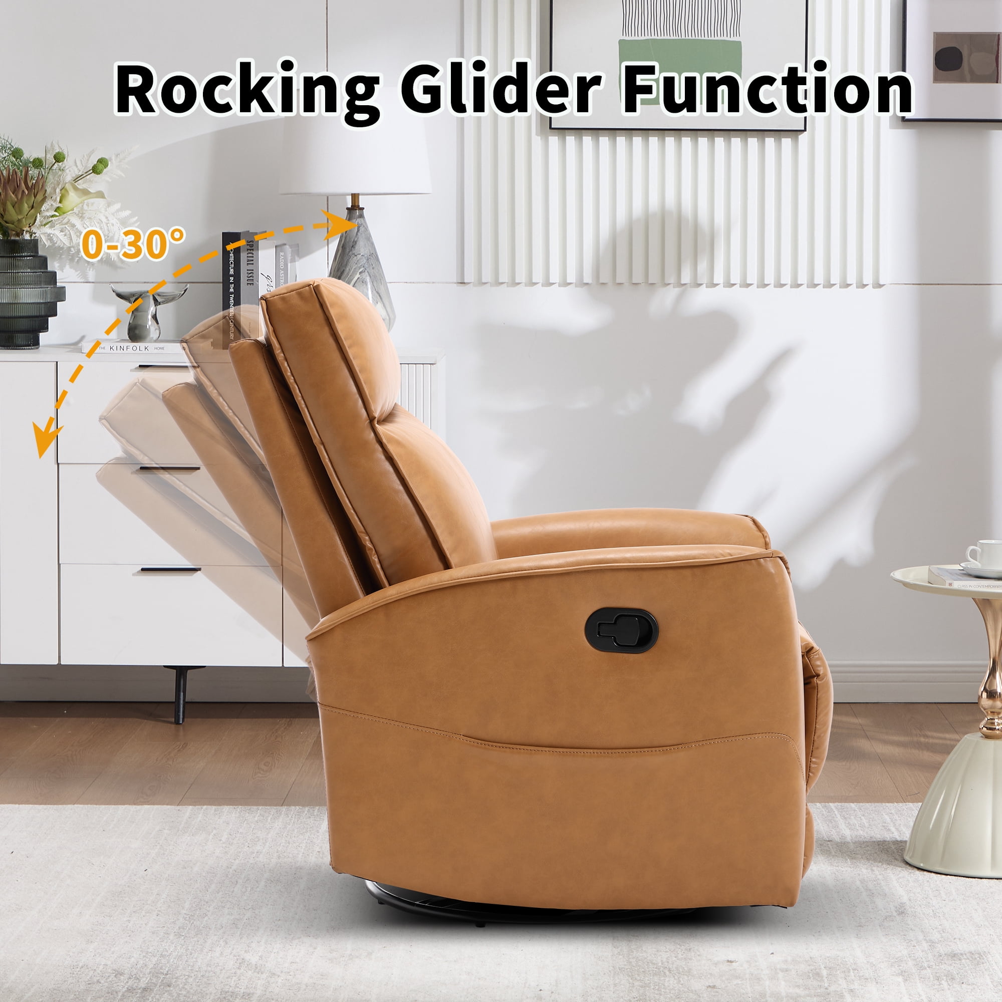 Ebello Manual PU Leather Swivel Rocker Recliner, Nursery Glider Chair with Padded Armrests & Backrest for Apartment, Living Room and Bedroom, Brown