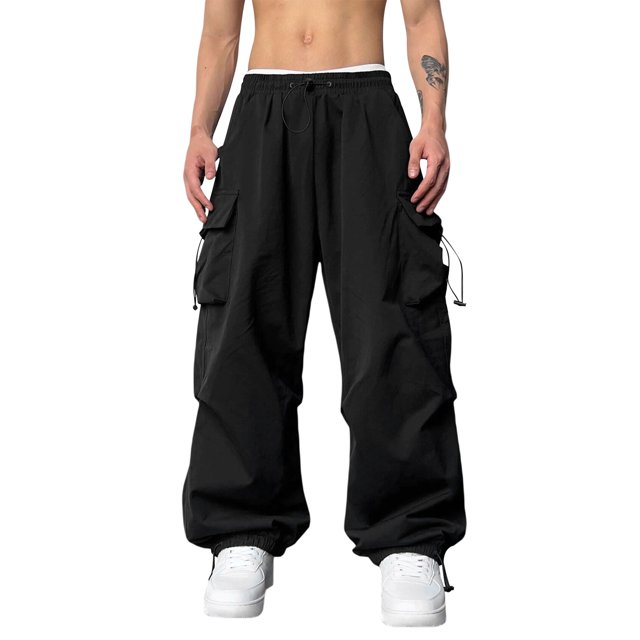 xiaxaixu Men Elastic Cargo Pants Solid Color Loose Drawstring Jogger Sweatpants Casual Trousers with Pockets Streetwear