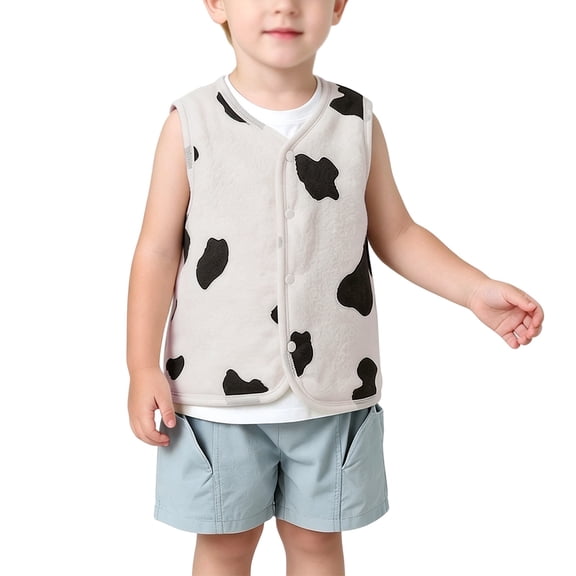 YunPes Toddler Baby Fleece Vest Soft Faux Fur Lining Cow Print Sleeveless Jacket Cozy Layer Gilet Boys Girls Fall Winter Cute Clothes