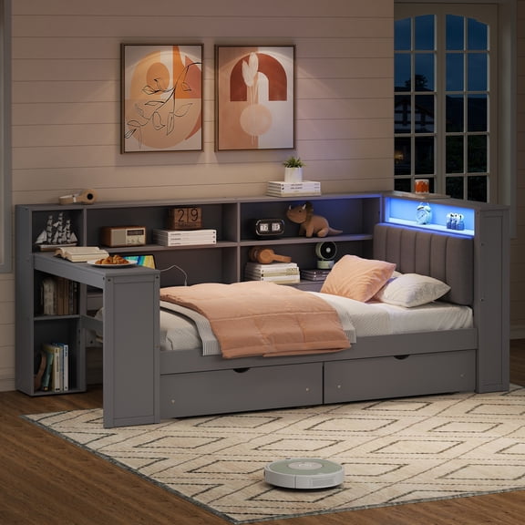 Newest Wood Twin Size Platform Bed with Storage Shelves, Drawers, Charging Station, LED, Desk and Upholstered Headboard, Grey Grey Cushion