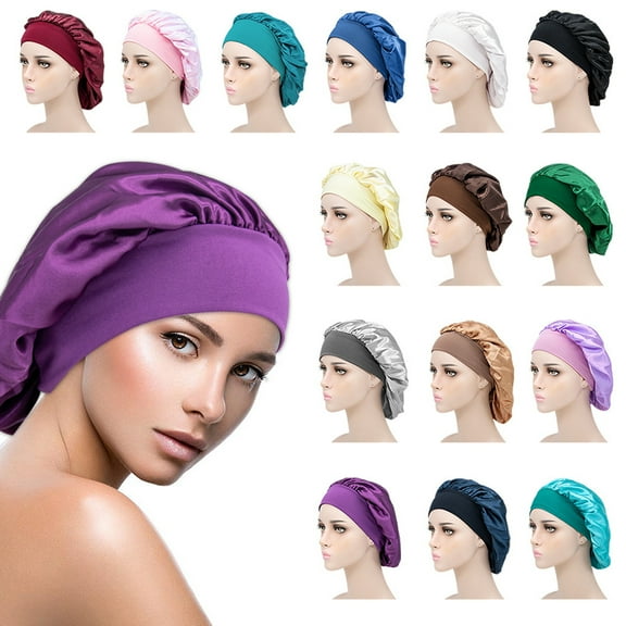 Travelwant 4Pcs Woman Girls Comfortable Sleep Hat Wide Headband Elastic Satin Stretchy Hair Bonnet Hat Sleeping Caps Night Hat Reusable Shower Cap