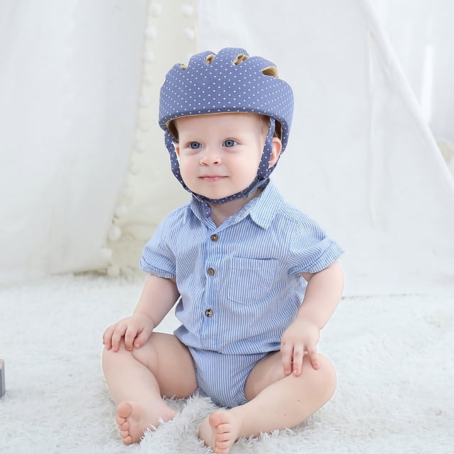 Casco de seguridad para bebés, suave, ajustable, transpirable, con arnés para caminar, para correr y gatear, con lunares azules.