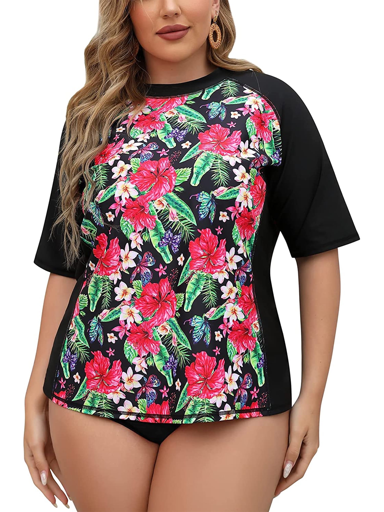 blotte beskyttelse legetøj Charmo Plus Size Rashguard for Women Short Sleeve UPF 50 Swim Shirt Floral  Print - Walmart.com