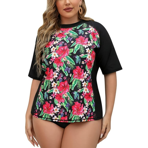 Charmo Plus Size Rashguard for Women Short Sleeve UPF 50 Swim Shirt Floral Print