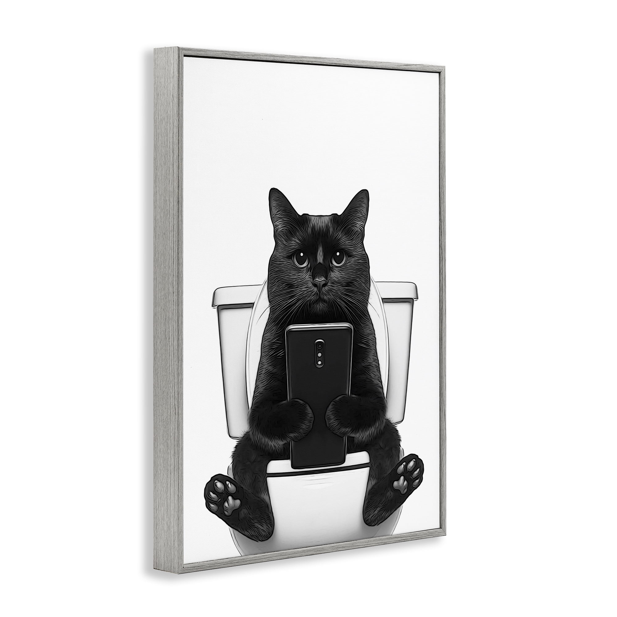 Stupell Industries Cat Texting on Toilet Typography Painting Gray Framed Art Print Wall Art, 20 x 30