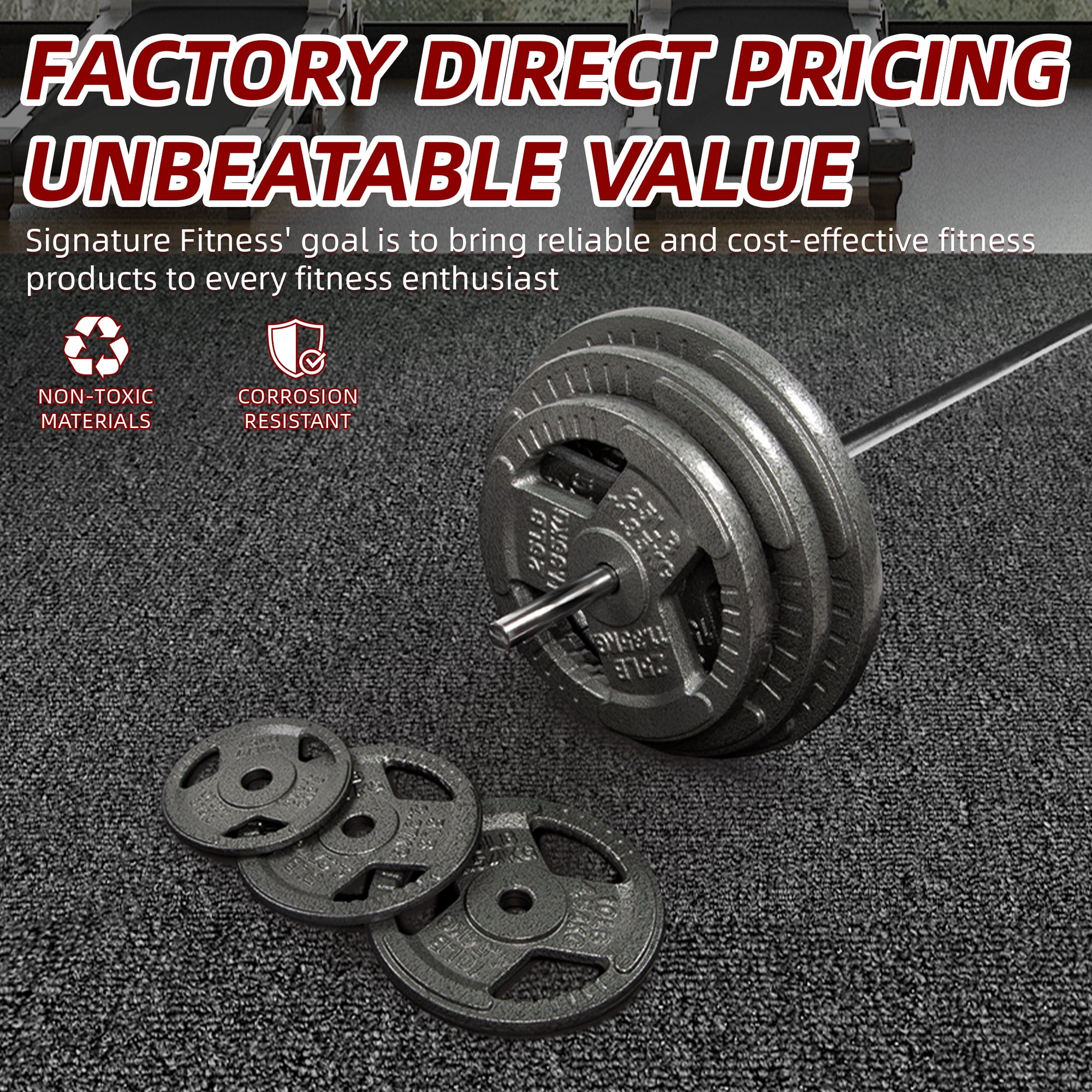 Signature Fitness Standard Cast Iron 1-Inch Weight Plate Set, 120LB Total (25LB x2, 10LB x4, 5LB x4, 2.5LB x4) for Strength Training & Weightlifting