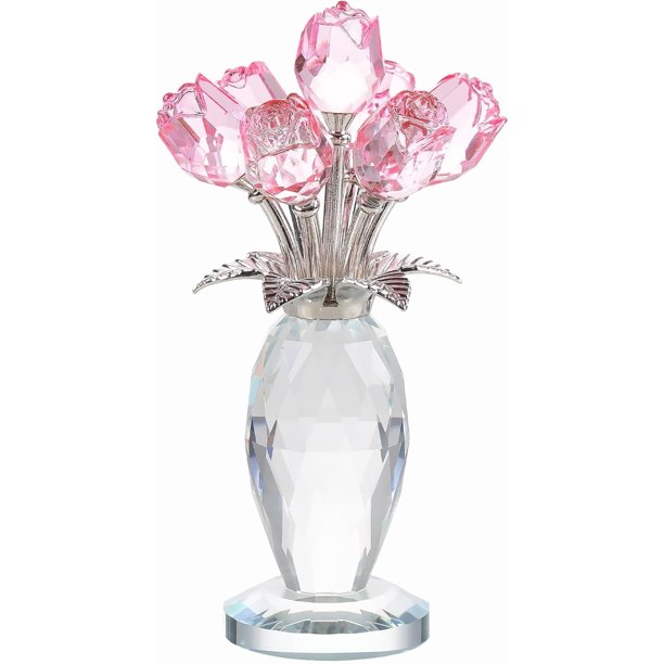 Figura de ramo de flores de vidrio rosa con jarrón, hecha a mano, regalo de flores de vidrio para mujeres en el día de la madre, San Valentín, flor de rosa de vidrio con tallo, decoración de