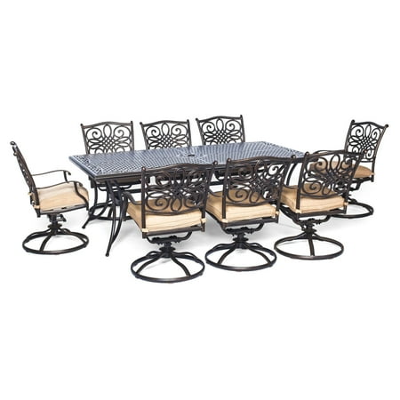 Hanover Traditions 9-Piece Patio Dining Set | 8 Cushioned Swivel Rocker Chairs | Extra Large Table | All-Weather Rust-Resistant Frames | Luxury Outdoor Furniture for Backyard Deck | TRADDN9PCSW-8