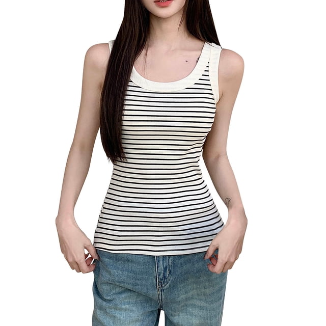 Gilet Sans Manches à Rayures pour Femmes, Tissu Polyester, Coupe Décontractée, Haut de Superposition Polyvalent, Noir, Taille m