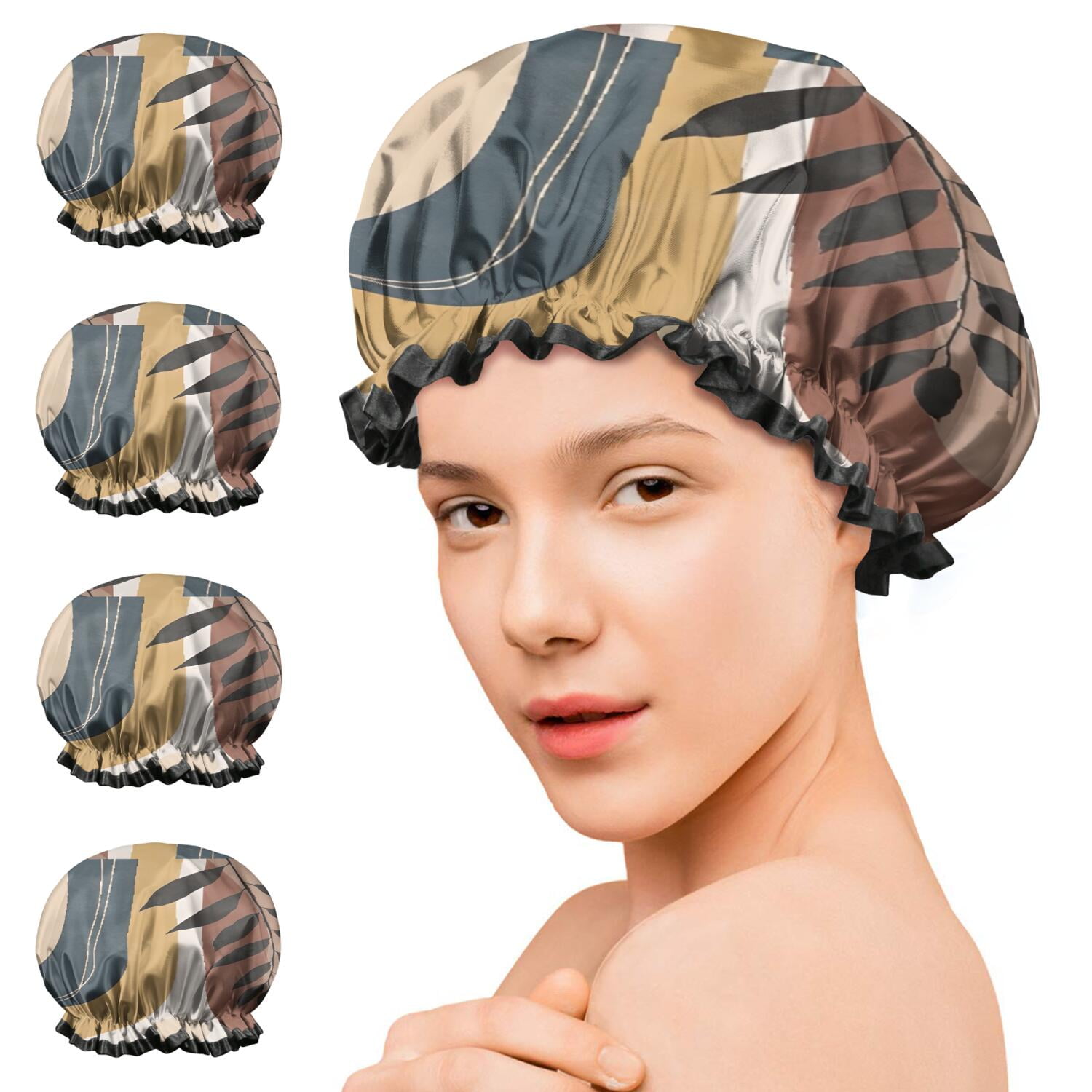 Shower Caps,Brown Boho Geometric and Plant Pattern Waterproof Shower Cap for Women 4 Pieces,Double Reusable Hair Cover for Shower PEVA Elastic Stretch Hem