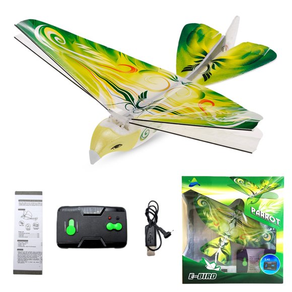 Green 2.4G Remote Control Flapping Wing Bird Toy with LED Lights - 50M Range, 14G Lightweight Design, Built-in Lithium Battery, 15-20 Min Charging, 4 AA Batteries Included, Multiple Protection