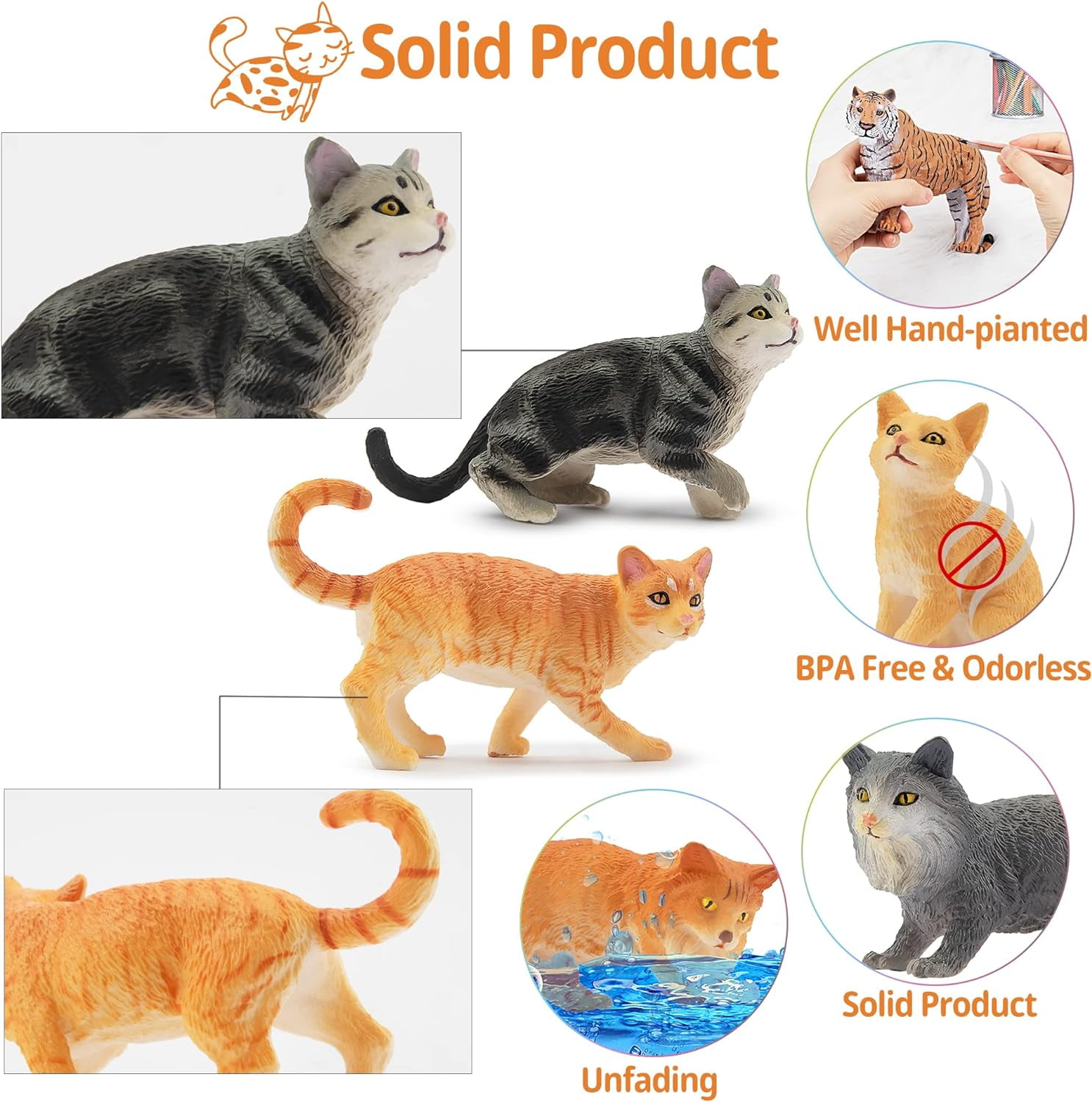 Toymany 8-Piece Grey & Orange Cat Figurine Set, Realistic Kitten Toys,  Educational Gift for Kids, Cake Toppers & School Projects
