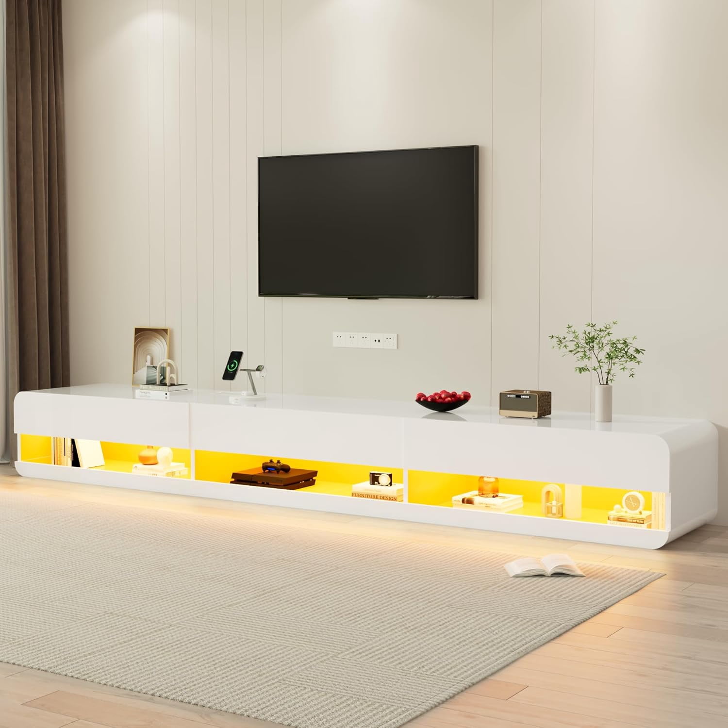 Anpoo 94.5'' Modern Floating TV Stand for TVs up to 100'' TV, LED High Gloss Entertainment Center with Storage & Power Outlet, TV Console with 20 Color Changing Lights for Living Room Bedroom, White