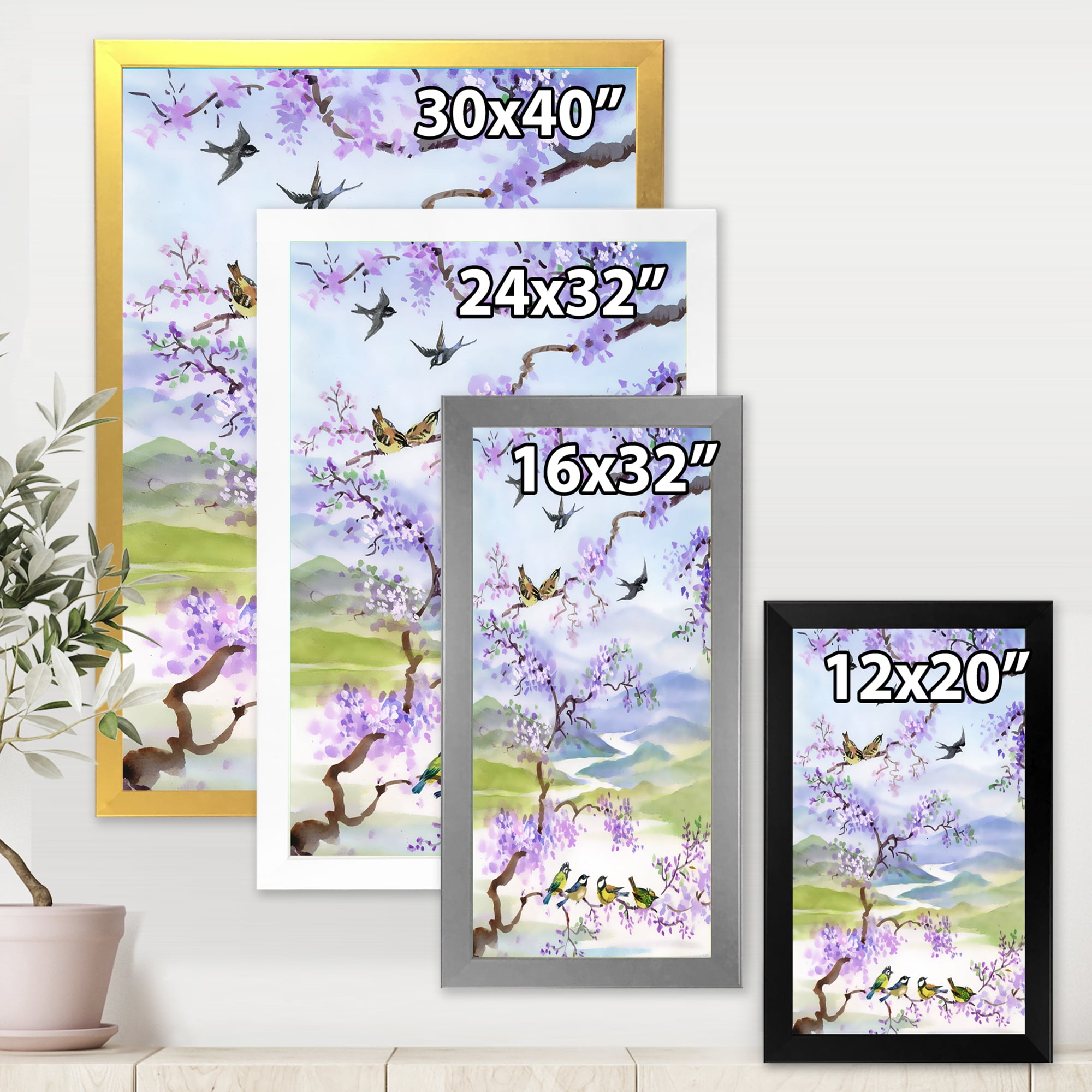 Designart 'Birds Sitting On Cherry Branch' Traditional Framed Art Print