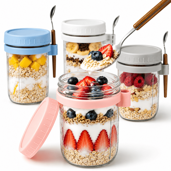 XUEYU 4 Pack Overnight Oats Containers with Lids and Spoons, 16 oz Glass Jars for Yogurt, Cereal, Fruit