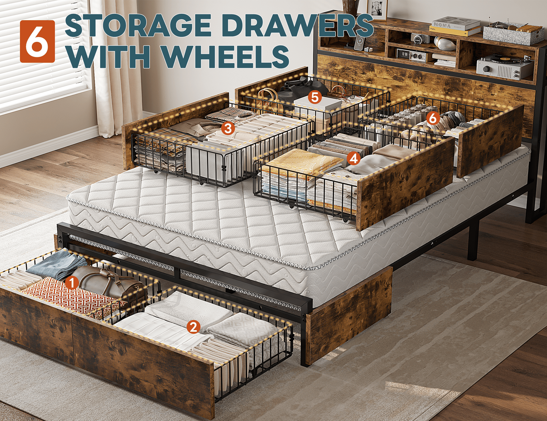 EnHomee Full Bed Frame with Headboard Metal Bed Frame with 6 Storage Drawers &  Charge Station