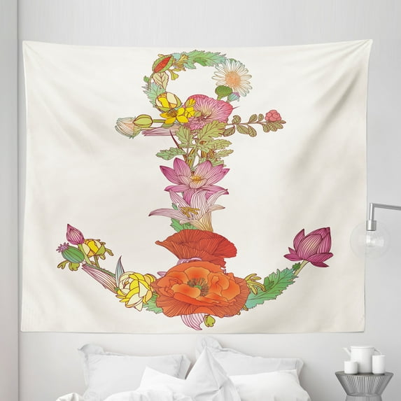 Anchor Tapestry, Composition with Different Detailed Spring Flowers Blooming Nature and Marine Life, Fabric Wall Hanging Decor for Bedroom Living Room Dorm, 5 Sizes, Multicolor, by Ambesonne