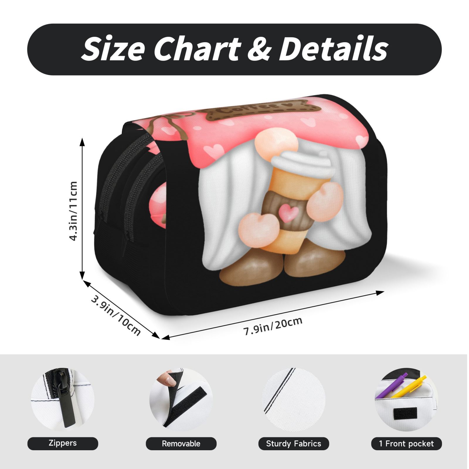 Rateoe Coffee Gnome (1) Pattern Double Clamshell Pen Case, Storage Organizer with Two Zipper Compartments– Holds Up to 50 Pencils & Pens