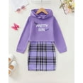 thumbnail image 2 of Kucnuzki 7 Years Big Girls Outfit Set 8 Years Girl Youth Kid Child Winter Clothes Sets Long Sleeves Letter Pullover Hoodie Sweatshirt Hooded Slim Plaid Dress Skirt Sets 2PCS Warm Clothing Purple, 2 of 8