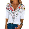 thumbnail image 1 of Blusa de manga 3/4 Top Escote en V Blusa informal ajustada con ribete de encaje Camisa para mujer Citas de verano Blanco L, 1 of 7