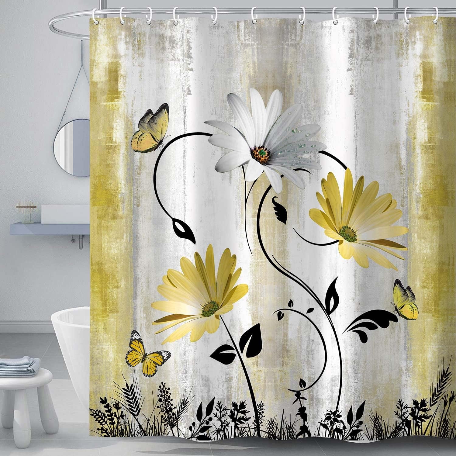 Rustic Farmhouse Shower Curtain for Bathroom, Farm Teal Daisy Floral Flowers and Butterfly on Country Wooden Bath Curtains, Turquoise Yellow Fabric Bathroom Decor Set with Hooks72x84