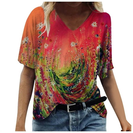 

Simplmasygenix Women Tops Summer Clearance Fashion Women s Summer Printed Short Sleeve V-Neck T-Shirt Casual Tee Tops