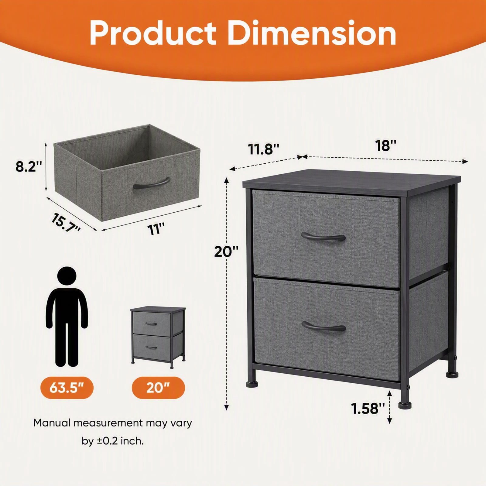 Telyra Fabric Nightstand with 2 Drawers 20" Bedside Table with Wood Top and Steel Frame Small Storage Organizer, Gray