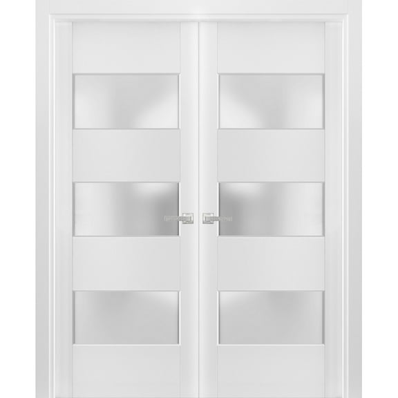 Solid French Double Doors Frosted Glass 3 Lites | Lucia 4070 White Silk | Wood Solid Panel Frame Trims | Closet Bedroom Sturdy Doors -36" x 84"