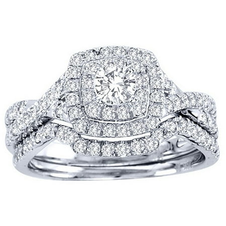 Frances Halo Pave CZ Bridal Engagement Wedding Band Ring Set