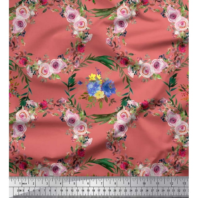 Soimoi Orange Poly Georgette Fabric Floral Wreath Flower Print Sewing Fabric BTY 42 Inch Wide
