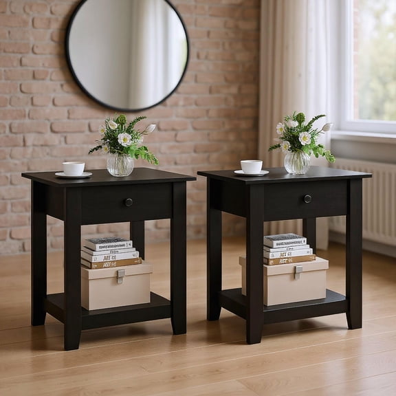 Barara King Set of 2 Nightstand with Drawer, 3-Tier Night Table with Open Shelf and Storage for Bedroom, Living Room, Home Office, Black