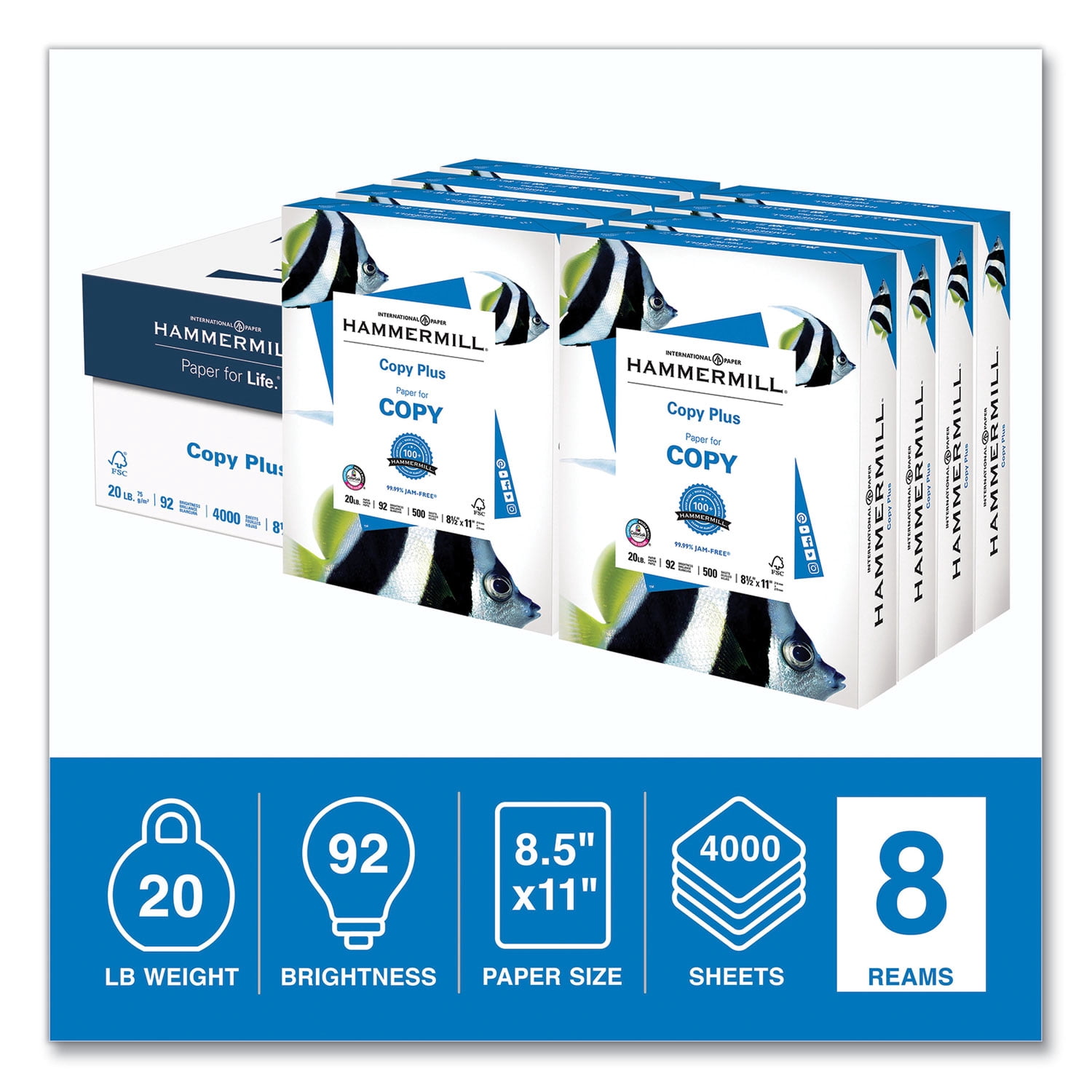 Hammermill Copy Plus Print Paper 92 Bright 20lb 8.5x11 White 8 Reams 105190
