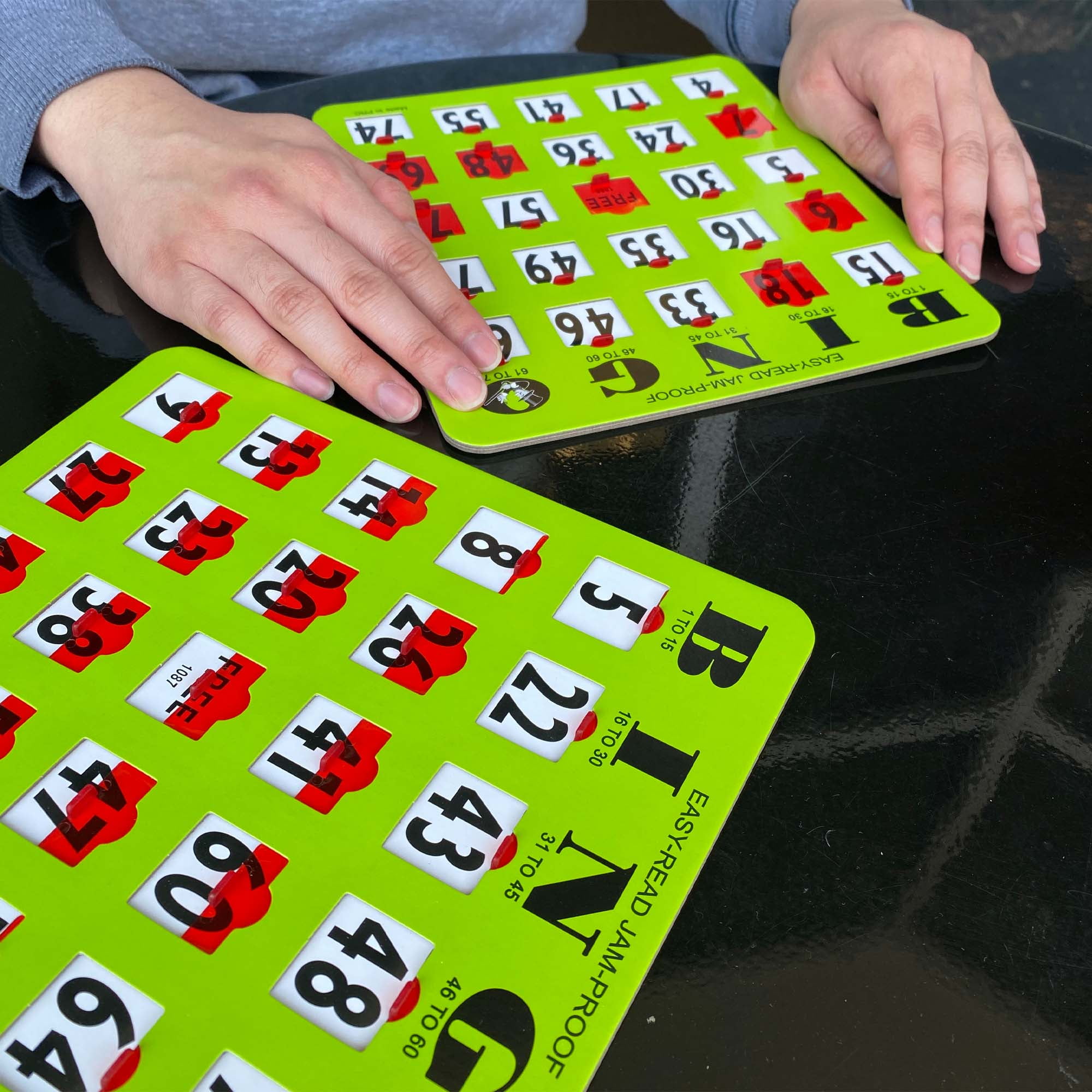 MR CHIPS Jam-Proof Easy-Read Large Print Fingertip Bingo Cards with Sliding Windows — Green, 10 Pack — for Seniors, Nursing Homes & Large Groups