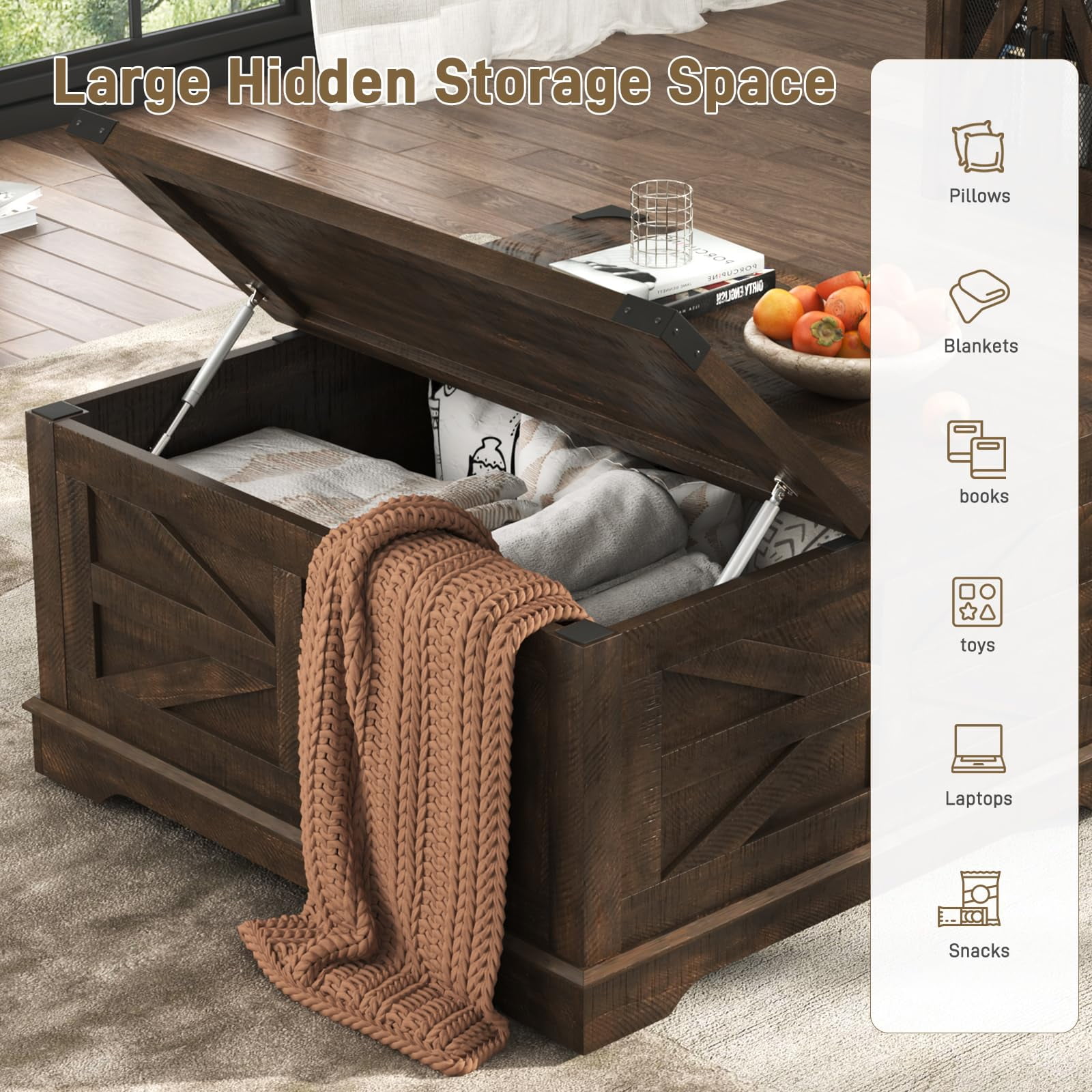 ANPOO 36” Square Lift Top Coffee Table with Power Outlets & Movable Wheels, Farmhouse Coffee Table w/Large Hidden Storage, Multi-Function Lift Wood Center Table for Home, Office,Rustic White