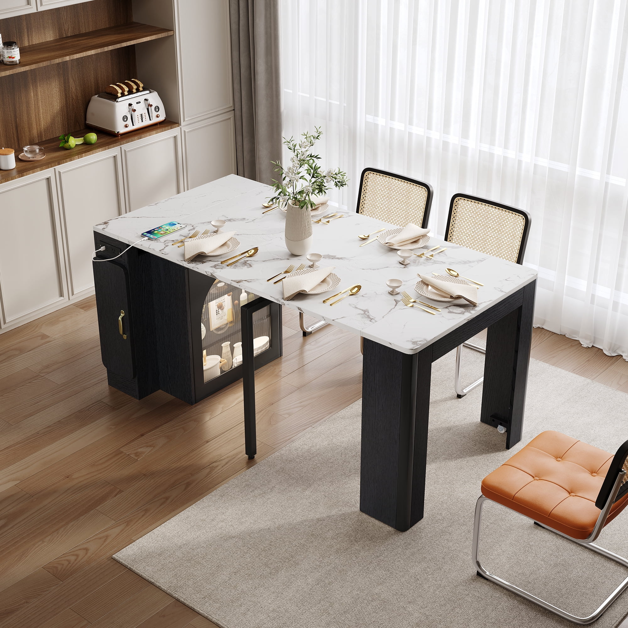 Euroco 59" Extendable Dining Table with 3 Removable Leaves for 4,Mobile Rolling Island Table with Power Outlet and Saving-space Cabinet for Kitchen Living Room,Black