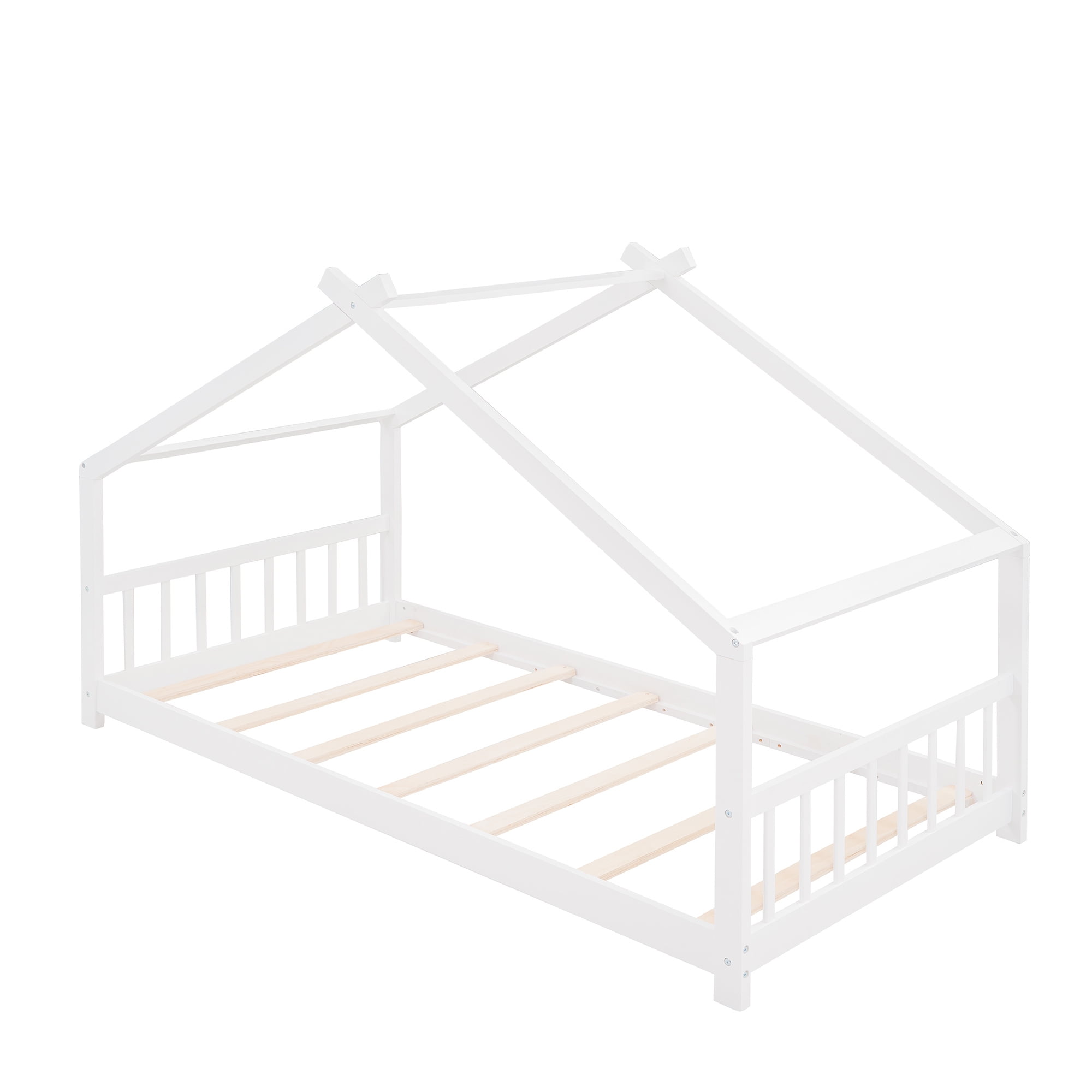 Aukfa Twin Size Wood House Beds Frame - Floor Bed Twin Platform Bed for Kids Teens Bedroom - White