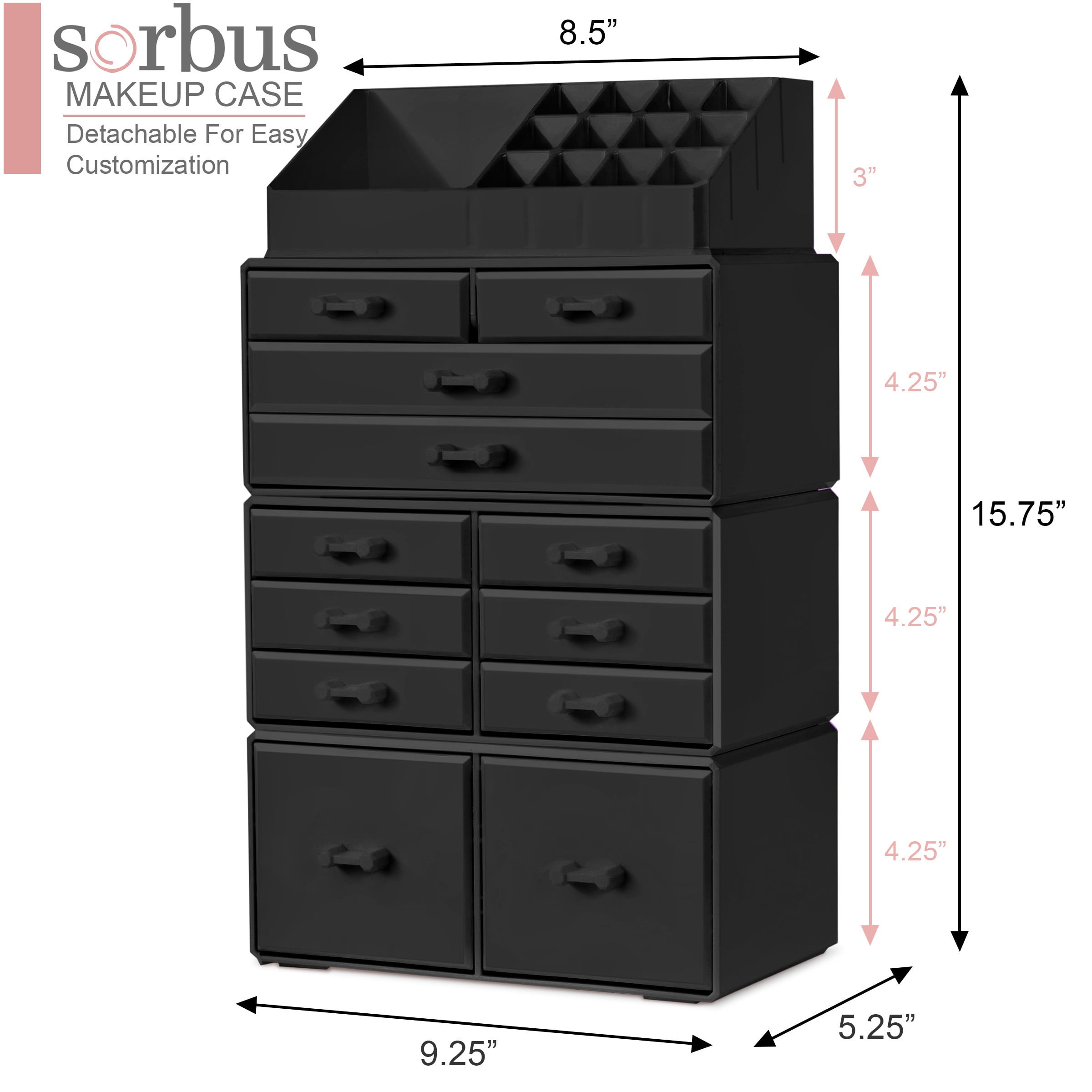 Sorbus 12-Drawer Stackable Makeup Organizer with Brush & Lipstick Holder for Vanity/Bathroom, Black