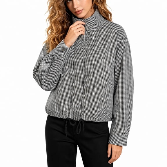 Womens Stand Collar Zip Up Lightweight Jacket Casual Plaid Outerwears with Pockets for Everyday Spring Fall Layering (Grey M)