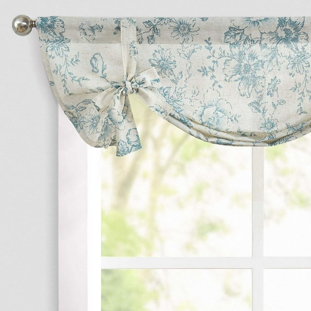 Visillo Valance Jinchan Floral de Lino 36 cm Azul sobre Beige para Ventanas