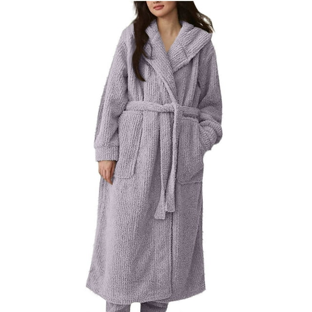 WRKEKC Womens Robe Long Sleeve Striped Pocket Coral Fleece Long Bathrobe for Women Loungewear Extended Length Sleep Robe Homewear