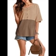 thumbnail image 3 of Blusas de Punto Gofre para Mujer, Moda 2025, Blusas de Patchwork Extragrandes con Cuello Redondo y Mangas 3/4, Color Beige, Talla S, 3 of 6