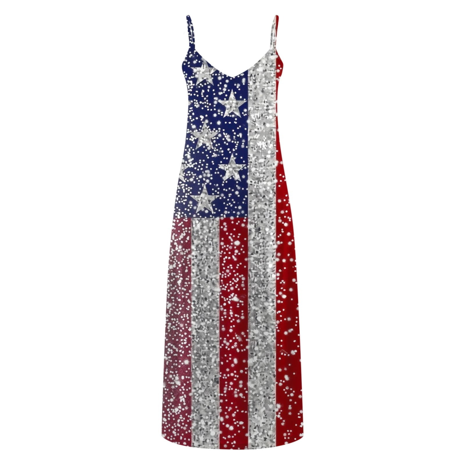 CFLVAEK American Flag Dress for Women Plus Size Sleeveless V Neck Sundress July 4th Patriotic A Line Dress Independence Day Spaghetti Straps Party Maxi Dress XL