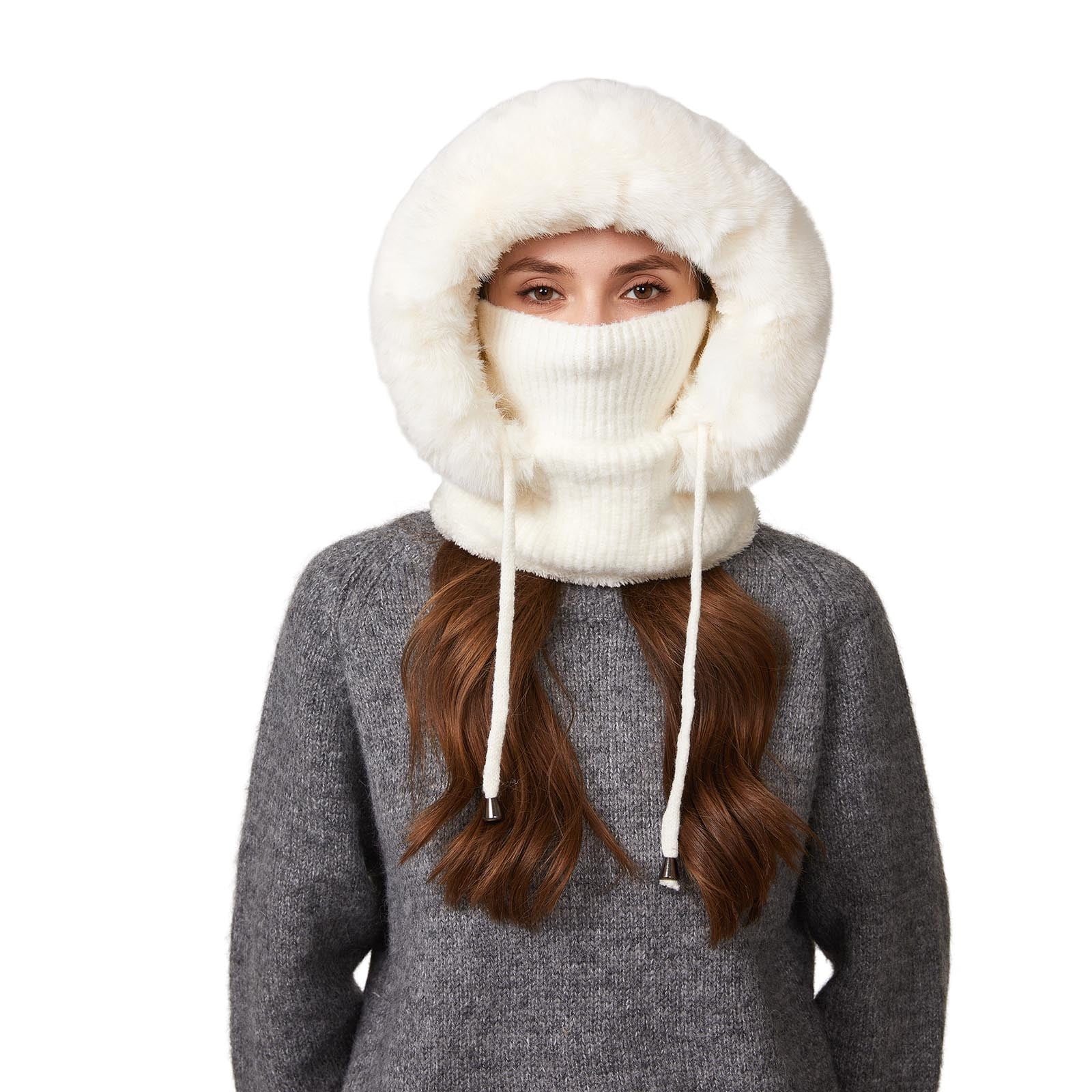 YZEGDCH White Women One Piece Slouchy Fleece Thicken Beanie Winter Hats Scarf Mask Drawstring Warm Hooded Winter Balaclava Pullover Knitted Winter Hat, Birthday Valentines Gift for Women