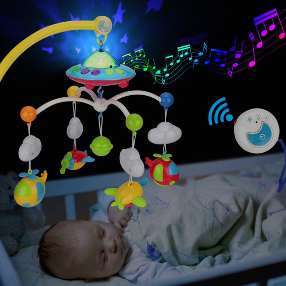 Móvil De Cuna Musical Para Bebé Con Juguetes Giratorios Colgantes Luces De Control Remoto Función De Proyector Caja De Música Sonajeros De Dibujos Animados Para Bebés Niño Niña 0-24 Meses Recién Nacid