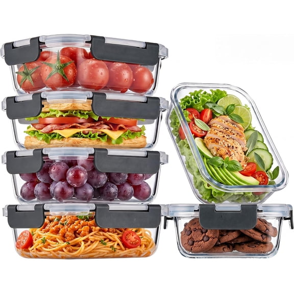 6-Pack 22oz Glass Meal Prep Containers with Lids, Airtight Leakproof Snap Lock Food Storage, Freezer, Microwave, Oven & Dishwasher Safe Bento Boxes for Prepping, Grey
