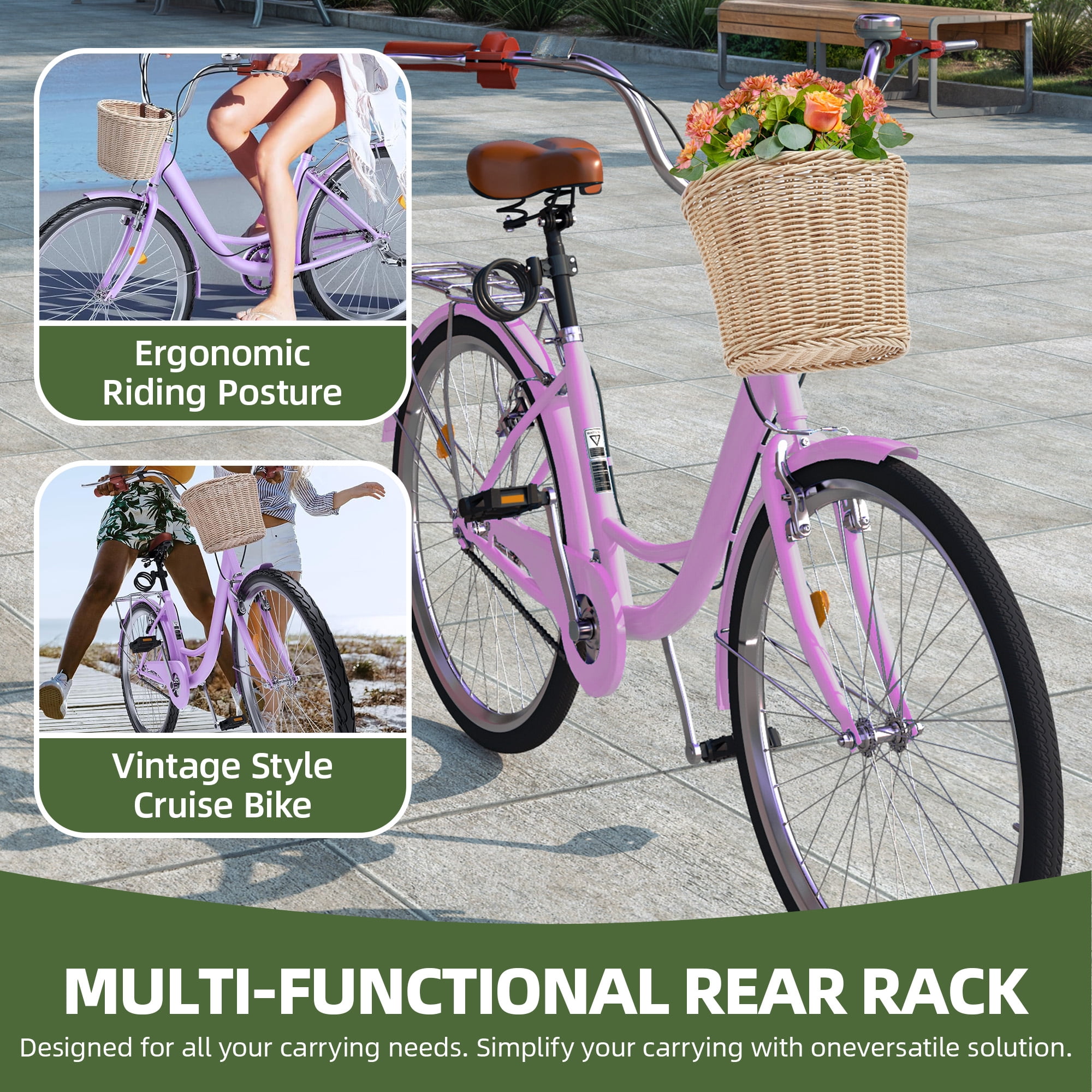Uforic 26" Beach Cruiser Bike for Women, Adjustable Seat Single-Speed Commuter Bike Bicycle for Adults, Purple