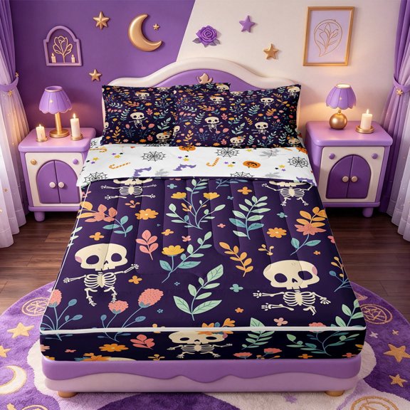 Manfei Cartoon Skull Zipper Twin Comforter Sets with Fitted Sheet and 2 Pillowcases,Flying Bat Print Halloween Zipper Bedding Set,Halloween Reversible,4-Piece