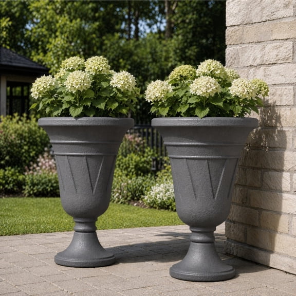 TopComfy 23.6" Tall Plastic Urn Planters Set of 2, Heavy-Duty Indoor or Outdoor Flower Pots with Drainage Holes and Classic Trophy Design for Porch, Garden & Home, Gray