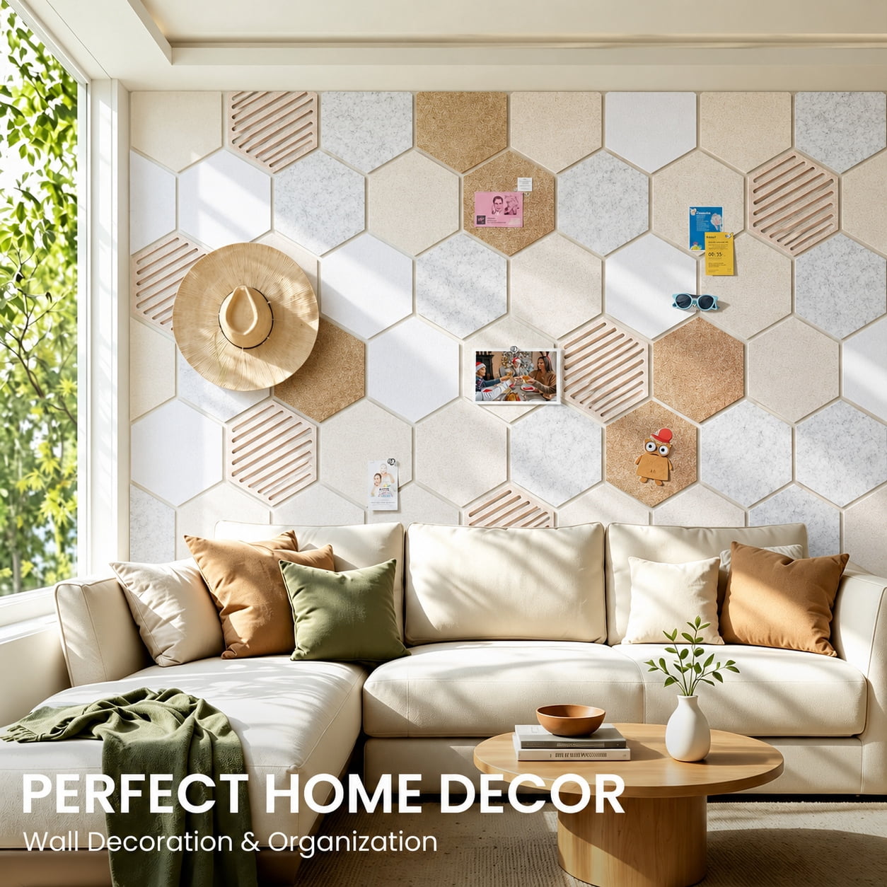 HBK Hexagon Cork Tiles 10 pack with 50 Pins, Self-Adhesive Wall Bulletin for Home Office Decor, Classroom Organization and Photo Display