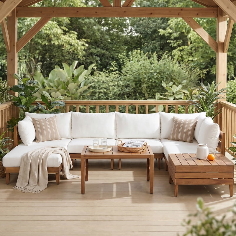 8-Piece Solid Acacia Wood Outdoor Sofa Sectional Set for 6, Patio Modular Chat Set with Coffee Table, Storage Tea Table & Cushions